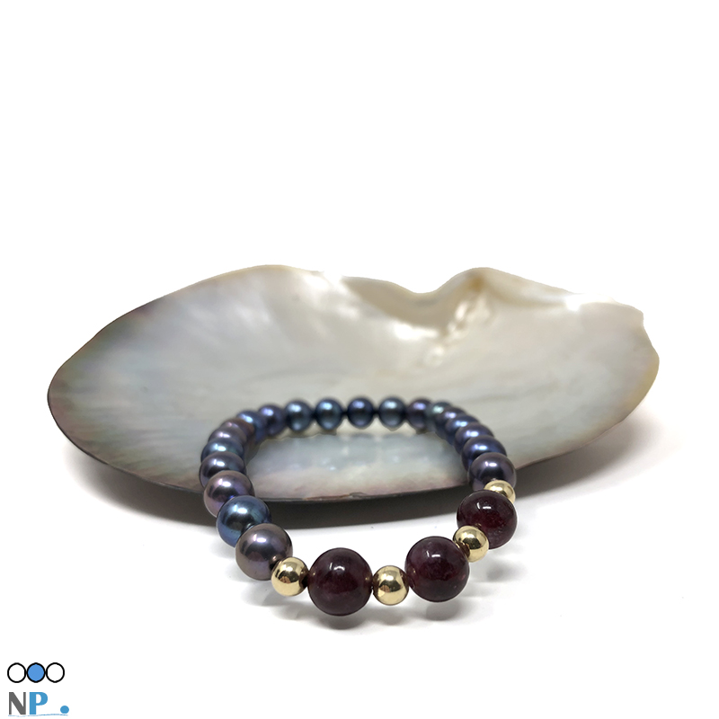 Un bijou pour la vie, bracelet de perles noires avec pierres fines Grenat rouge et Billes Or 18 carats
